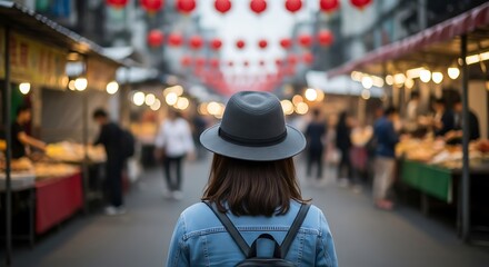 Woman exploring a vibrant Asian night market with red lanterns