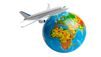 Small airplane model flying above miniature world globe isolated on transparent background