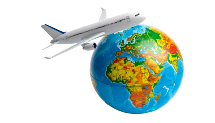 Small airplane model flying above miniature world globe isolated on transparent background