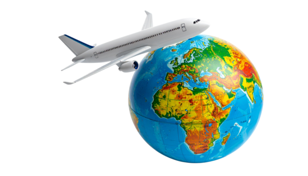 Small airplane model flying above miniature world globe isolated on transparent background - Powered by Adobe