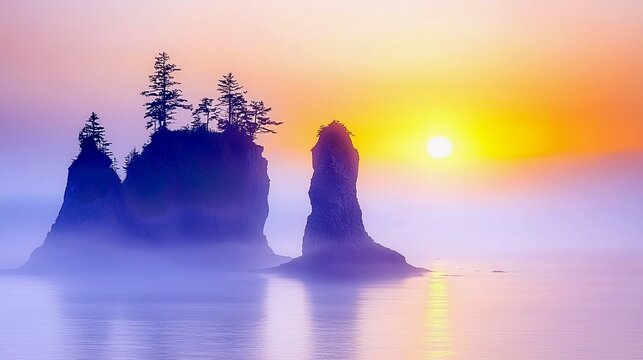 A serene sunrise casts a warm glow over misty coastal rock formations topped with evergreen trees, reflected in the calm ocean water. - Powered by Adobe