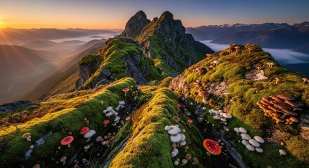 A mountain ridge covered in moss and mushrooms at sunrise, with a foggy valley below