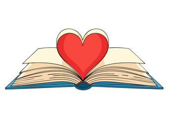 An open book with a heart symbol floats above an open page. A vibrant, illustrative design perfect for books, reading, and love themes. Clean, modern, and visually appealing.