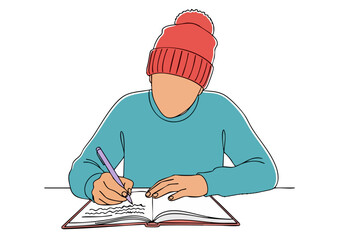 A young person wearing a red beanie and blue sweater writes in a notebook at a desk. Focused and engaged, this image evokes creativity and productivity. Clear, simple composition.