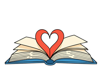 An open book with a heart symbol rests on a stack of pages. A vibrant, illustrative design perfect for books, reading, and love themes. Clean, modern, and visually appealing.