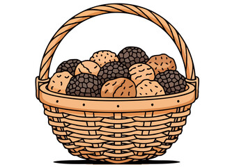 A rustic wicker basket overflows with dark, glossy truffles.  Stylish illustration, perfect for food, luxury, or gourmet themes. Clean, modern design.