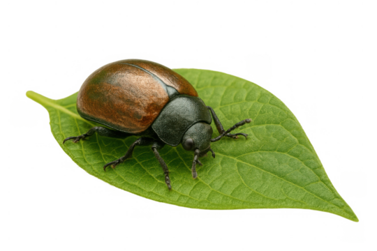 Beetle insect on a green leaf with transparent background, closeup view of a common garden pest - Powered by Adobe