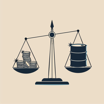 Oil barrels outweigh money on a scale, symbolizing economic imbalance and trade.