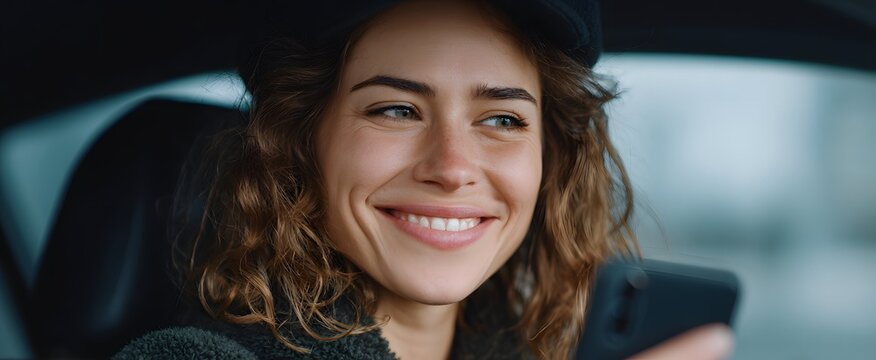 Woman smiling joyfully while looking at his phone in his bright cozy car.