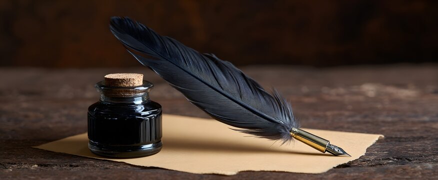 The quill pen resting next to an ink jar on a sheet of paper