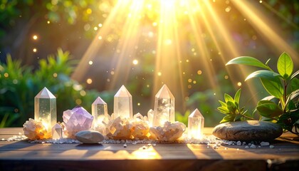 Calming meditation setup with glowing crystals, gentle light beams, and floating luminous dust symbolizing magical mental harmony and inner healing