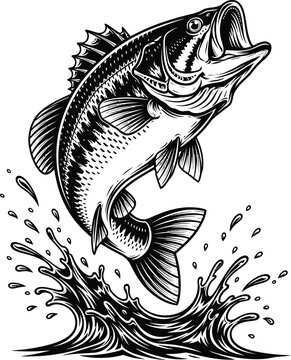 Jumping bass fish illustration black and white fishing vector design eps silhouette
