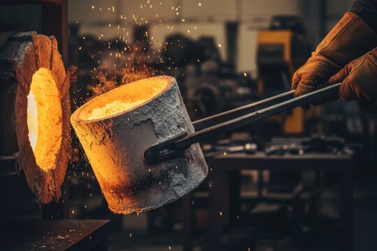 Worker pouring molten metal from a crucible in a foundry with sparks flying, symbolizing industrial craftsmanship, metallurgy, and precision engineering in a high-temperature environment. - Powered by Adobe