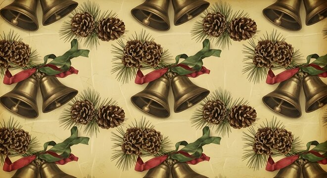 Vintage christmas background with bells and pine cones, creating a festive and nostalgic holiday pattern for seasonal designs and decorations