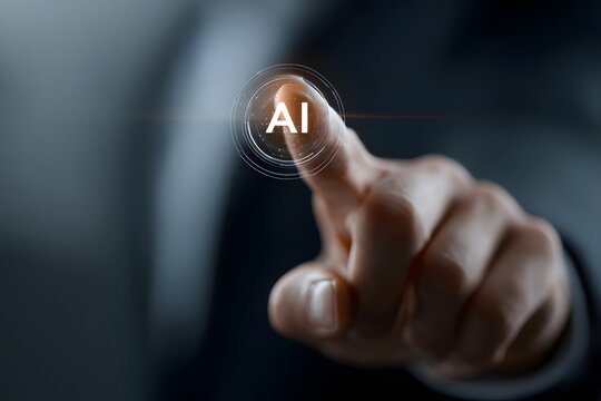 AI concept displayed as a finger touches a glowing icon. - Powered by Adobe