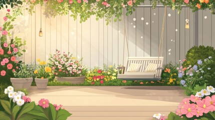 Serene patio garden with hanging swing, flowers, and sunlight.