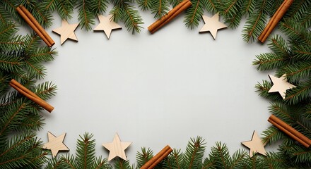 Festive Christmas border with evergreen branches, cinnamon sticks, and wooden stars
