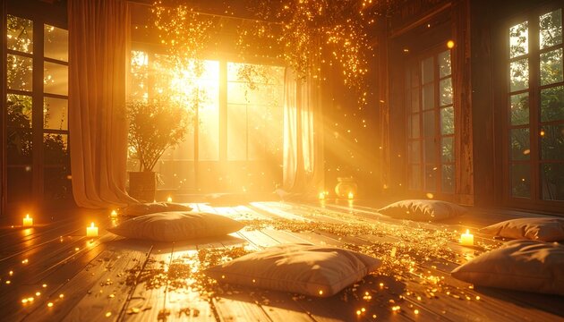 A tranquil room bathed in soft golden light, glowing candles, and floating sparkles symbolizing inner peace and mental clarity in a serene magical space