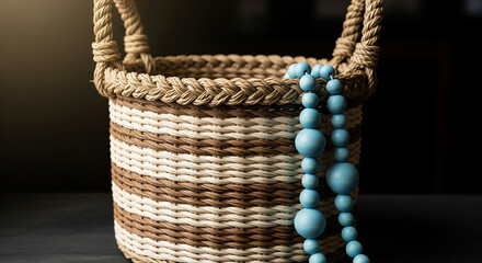 Rustic woven basket with jute handles and blue beaded garland, perfect for home decor and storage on dark background