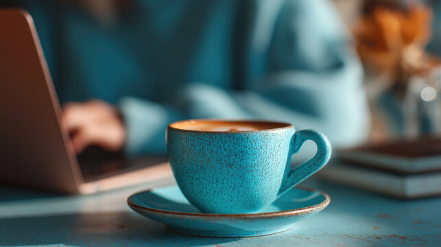 Person working on laptop in cafe setting highlighting work from anywhere lifestyle and comfortable