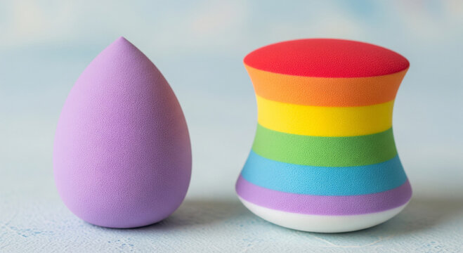 Two colorful makeup sponges, one purple teardrop shape and one rainbow hourglass shape, on a blue background for beauty and cosmetic use