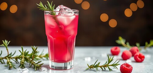 Festive pink raspberry rosemary drink with ice in glass, non-alcoholic, pink