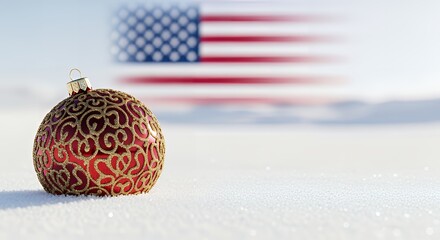 Elegant Christmas ornament rests on snow with blurred American flag background