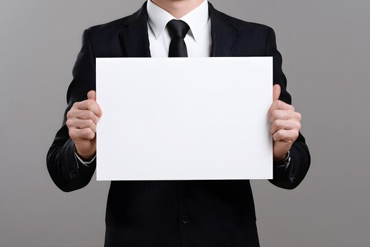 A person in a suit holds up a blank white paper for your message.