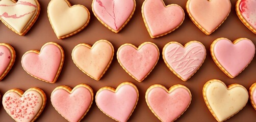 Heart-shaped cookies arranged in a repeating pattern on brown background,  tasty,  studio shot