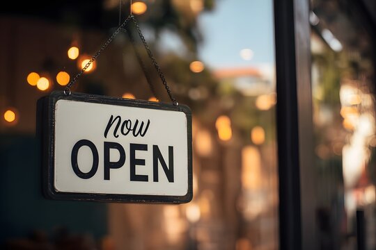 A sign shows the message now open for business.
