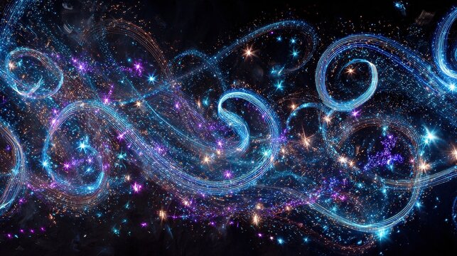 The dynamic and magical celebratory concept features intricate rotating festive patterns, with stars and vines elegantly illuminated against a deep black background, creating a striking contrast.