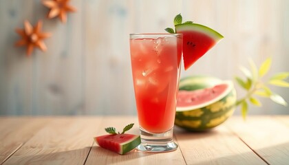 Refreshing watermelon juice in glass on bright wood, light, organic