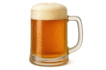 Refreshing lager beer mug with condensation and foam, cold drink on transparent background, celebrating summer holidays