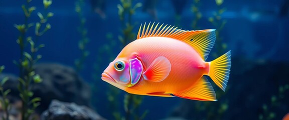 A vibrant aravana fish gracefully swims in a pristine aquarium,  fins,   fishkeeping