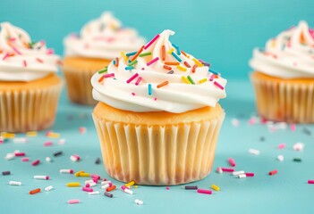 Fluffy vanilla cupcakes with rainbow sprinkles on vibrant teal background, treat, whipped
