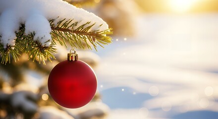 Stunning red ornament on snow-covered pine branch, golden hour light