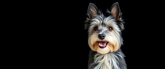 Naklejka premium Smiling West Highland Terrier against black backdrop, adorable fluffy dog, pet, background