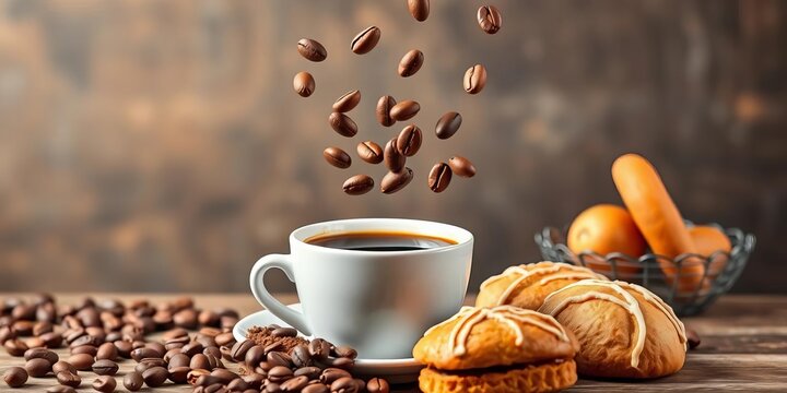 Long banner showcasing coffee beans in mid-air above a coffee cup and pastries, visual merchandising, advertising