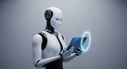Futuristic robot using advanced tablet technology with glowing interface elements