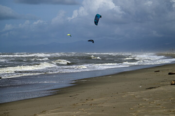 Kitesurfing at italian beach. Some kitesurfers at Torre del Lago beach, tuscany, italy. Some are junping out of the water. Mediterraenean Sea.