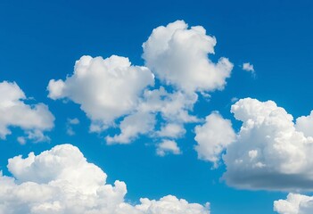 Fluffy white cumulus clouds scattered across a vibrant blue sky,  atmosphere,  texture