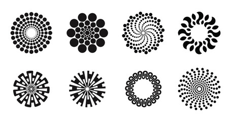 Vector geometric circular ornament set. black and white radial logo elements.