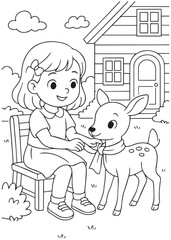coloring book girl feeding deer in front of house