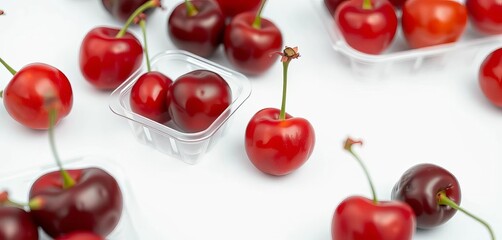 Single ripe cherry in clear plastic clamshell container, white background, summer, stock photo