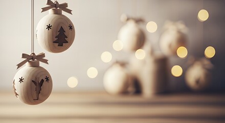 Warm wooden Christmas ornaments with festive cutouts hang gently, soft bokeh lights.