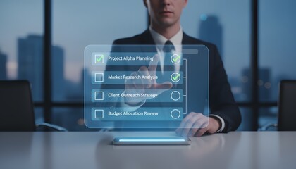 Efficient businessman managing tasks with futuristic digital checklist interface