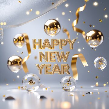 Happy New Year Greeting Card - Golden Letters, Spheres, and Ribbons on Cool Gray Background