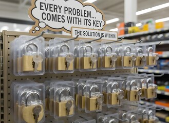Hardware Store Padlock Display with Motivational Sign Above. Photograph of packaged padlocks hanging on hooks in a hardware store, with bubble style sign reading "Every problem comes with its key."