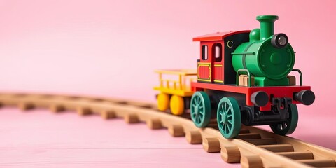 Pastel pink background, toy train on wooden track,   studio shot,  kids toy