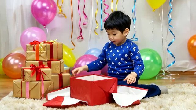 Adorable Young Boy Unwrapping Birthday Presents with Joy and Excitement at a Festive Party.